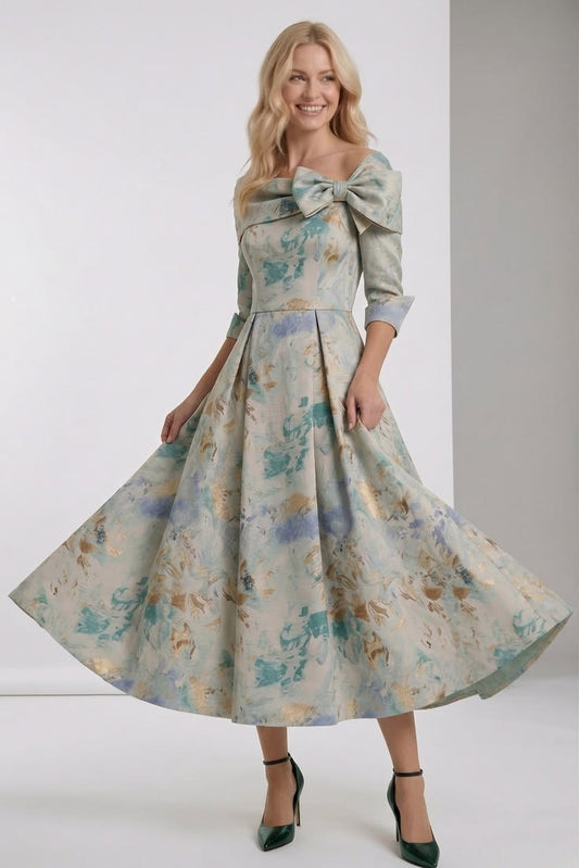 A Line Tea Length Jacquard Mother Of The Bride Dress Light Blue Floral