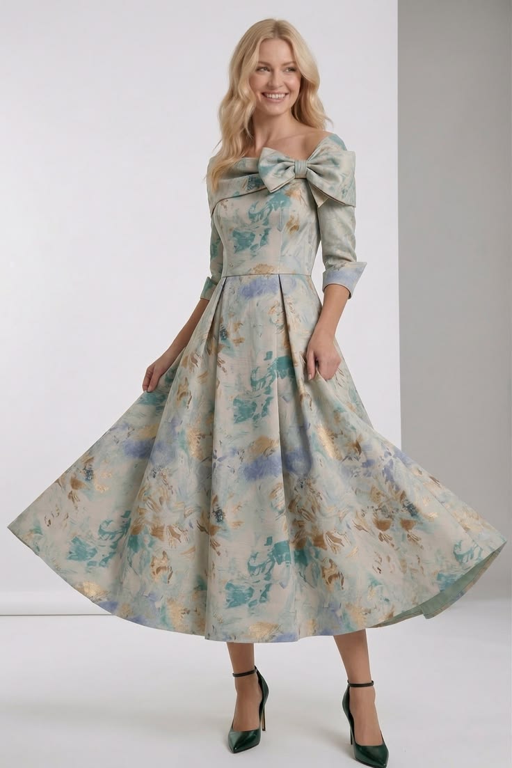 A Line Tea Length Jacquard Mother Of The Bride Dress Light Blue Floral