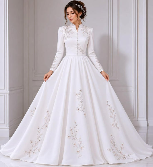Elegant White Bridal Gown, Modest Wedding Dress, Long Sleeve Wedding