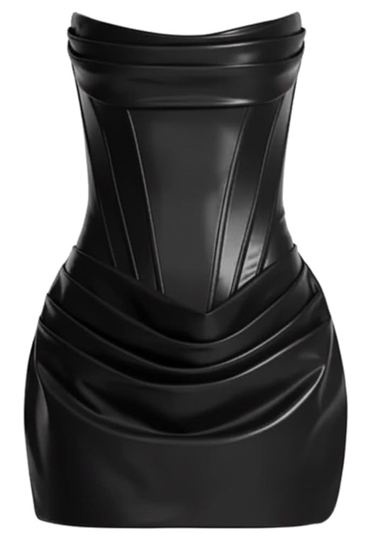 Strapless Draped Corset Faux Leather Dress Black