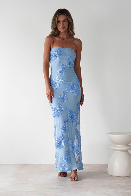 Alvana Floral Applique Maxi Dress Blue