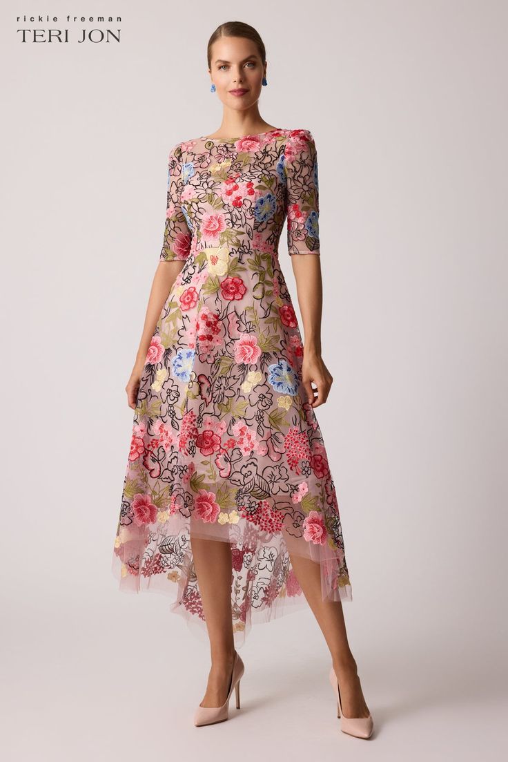 Embroidered Floral High Low Fit N Flare Dress
