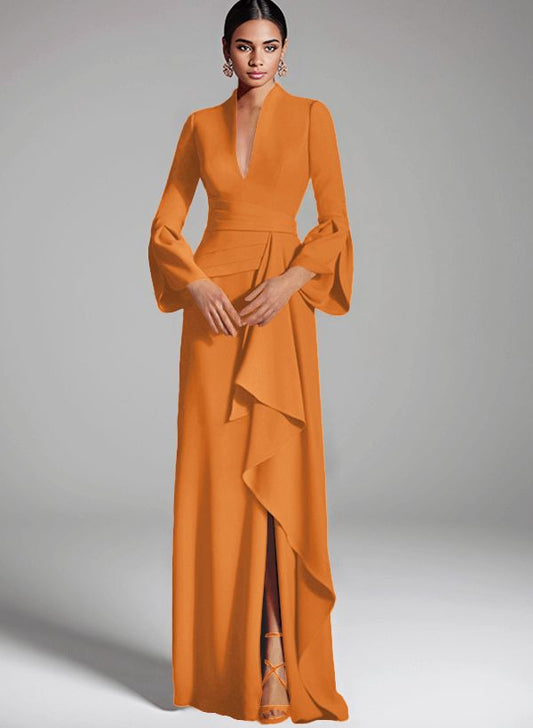 Missacc Orange Evening Dress Flattering Plunge Neck Bell Sleeves
