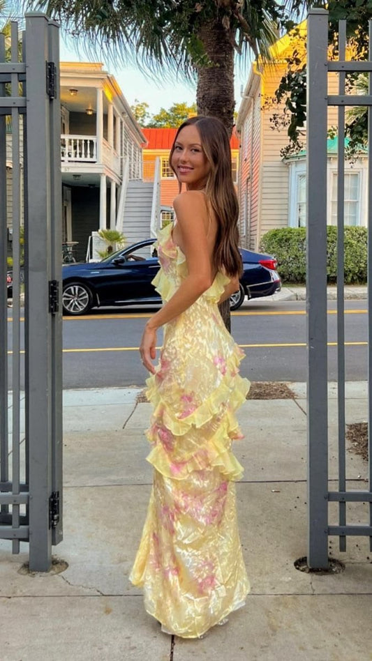 Mermaid Spaghetti Straps Floor Length Floral Yellow Chiffon Evening