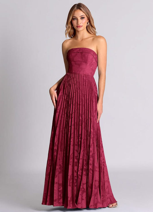 Azazie A-Line Strapless Floor-Length Floral Burnout Bridesmaid Dresses - Burgundy
