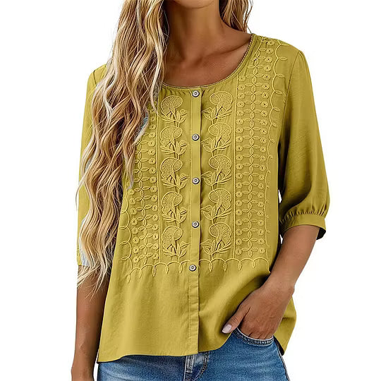 Sarah - Embroidered Cotton and Linen Blouse
