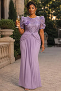 Xpluswear Design Plus Size Formal Purple Round Neck Puff Sleeve Short