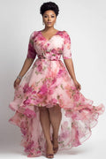 Xpluswear Design Plus Size Party Pink Floral Wrap Neck Short Sleeve