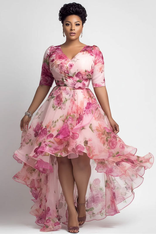 Xpluswear Design Plus Size Party Pink Floral Wrap Neck Short Sleeve