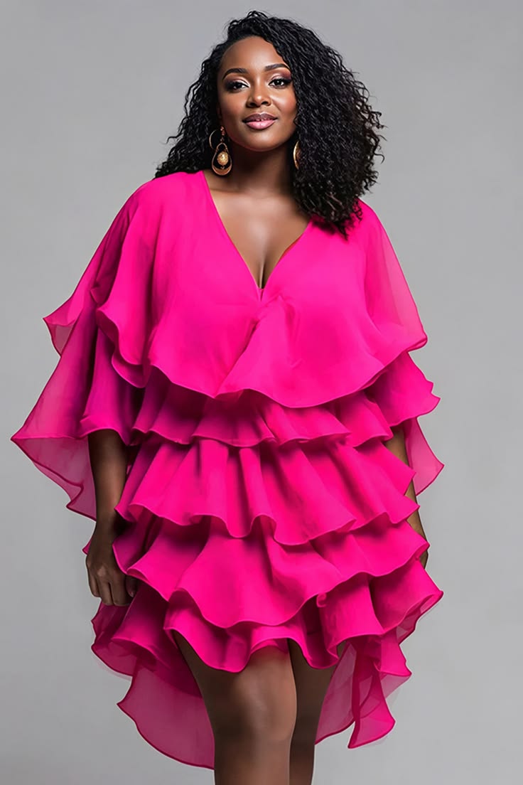 Xpluswear Design Plus Size Party Hot Pink V Neck Half Sleeve Ruffle