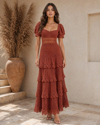 Rust Crochet Maxi Dress Pattern, Puff Sleeve Lace Pdf, Boho Wedding