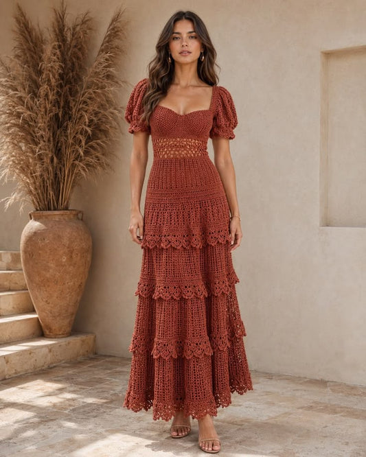 Rust Crochet Maxi Dress Pattern, Puff Sleeve Lace Pdf, Boho Wedding
