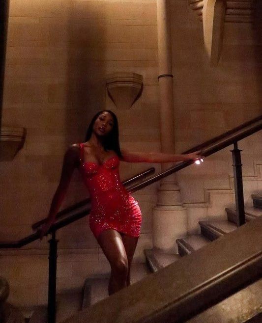 Pretty Sheath Spaghetti Straps Sleeveless Red Sequin Short Mini Formal