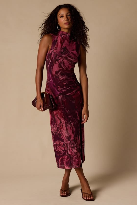 Rosannah Mauve Multi Abstract Mesh Mock Neck Midi Dress