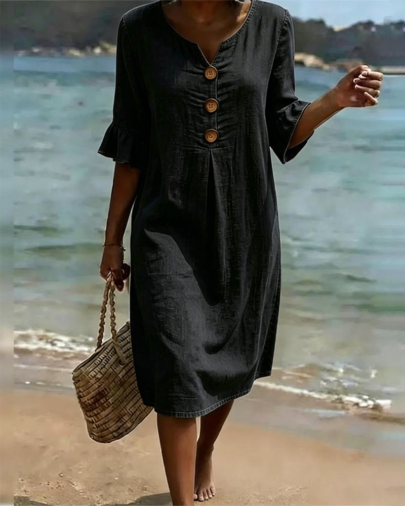 Mila - Ruffle Sleeve Denim A-Line Dress with Button Detail