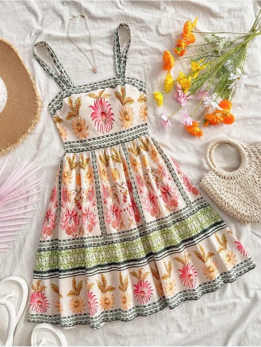 Worn Once Floral Boho Sundress Medium Color: Green Pink Size: 6