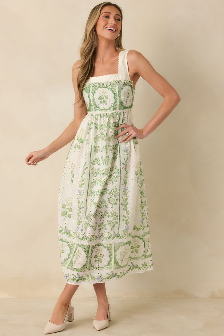 Spring Forward Ivory & Green Floral Eyelet Sleeveless Maxi Dress