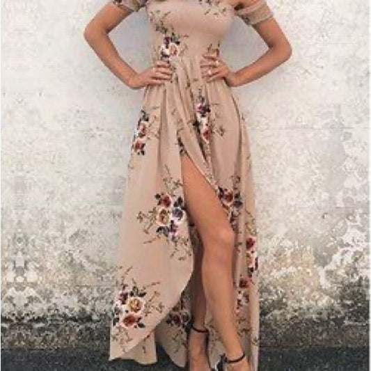 Floral Off Shoulder Maxi Dress Maxi Boho Long Gown Color: Pink Tan