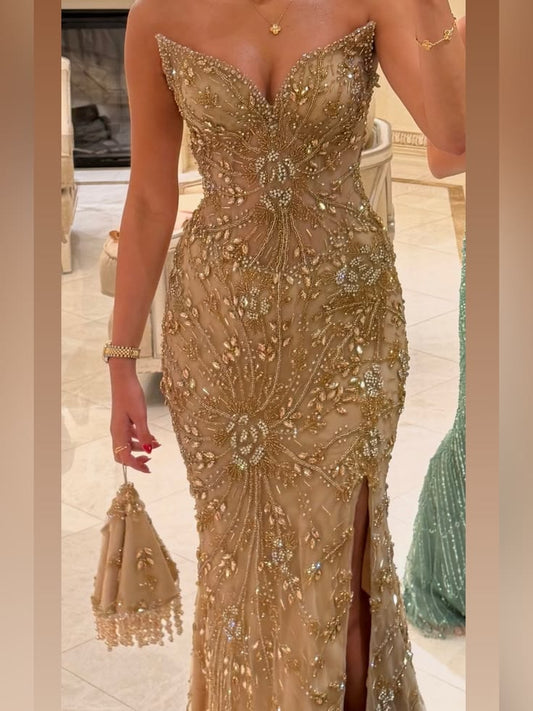 Strapless Gold Embellished Evening Gown Elegant Formal Dress Color: