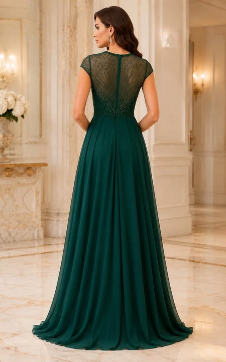 Dark Green Cap Sleeve Chiffon A Line Mother Of The Bride Dress With