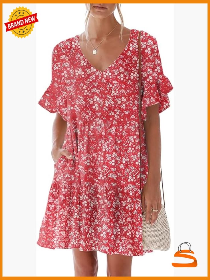 A Line V Neck Mini Dress with Pockets in Red