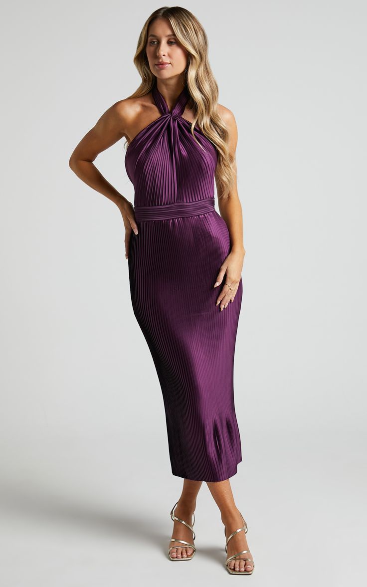 Marlette Midi Dress Pleated Open Back Halter Dress In Aubergine
