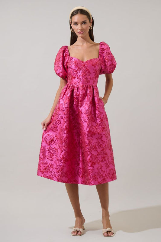 Danica Jacquard Alessi Puff Sleeve Midi Dress Fuchsia
