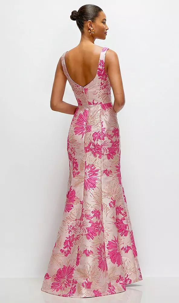 Hibiscus Pink Floral Jacquard Square Neck Maxi Dress With Trumpet