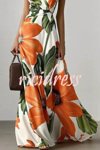 Floral Print V-neck Sleeveless Fitted Waist Vacation Maxi Dress