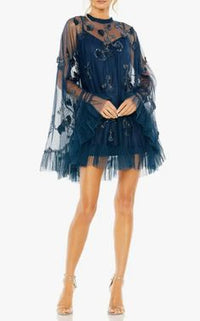 Embellished Long Sleeve Trapeze Dress With Ruffle Hem (Women)
