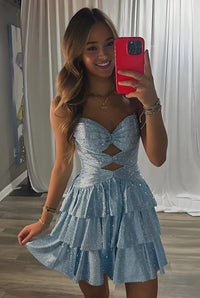 Royal Blue A Line Sweetheart Satin Cut Out Ruffled Homecoming Dress