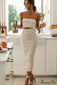 Adelaide Stripe Cutout Charming Rib Midi Tube Dress M 3#