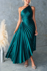 Margovil One Shoulder Cut Out Waist Pleated Satin Maxi Dress