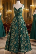 Dark Green A Line Spaghetti Strap Satin Long Formal Prom Dress
