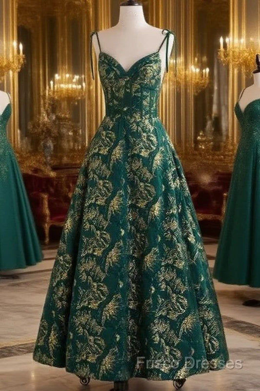 Dark Green A Line Spaghetti Strap Satin Long Formal Prom Dress