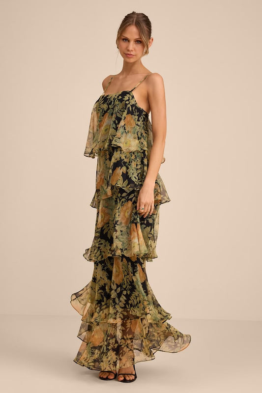 Malaia Black Multi Floral Tiered Maxi Dress