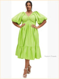 Puff Sleeve V Neck Cocktail Midi Dress Fit & Flare Color: Red Size: