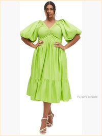 Puff Sleeve V Neck Cocktail Midi Dress Fit & Flare Color: Red Size: