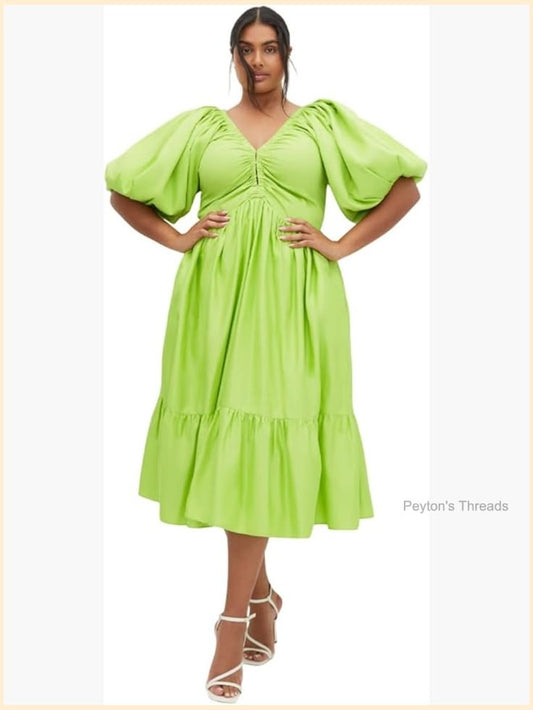 Puff Sleeve V Neck Cocktail Midi Dress Fit & Flare Color: Red Size: