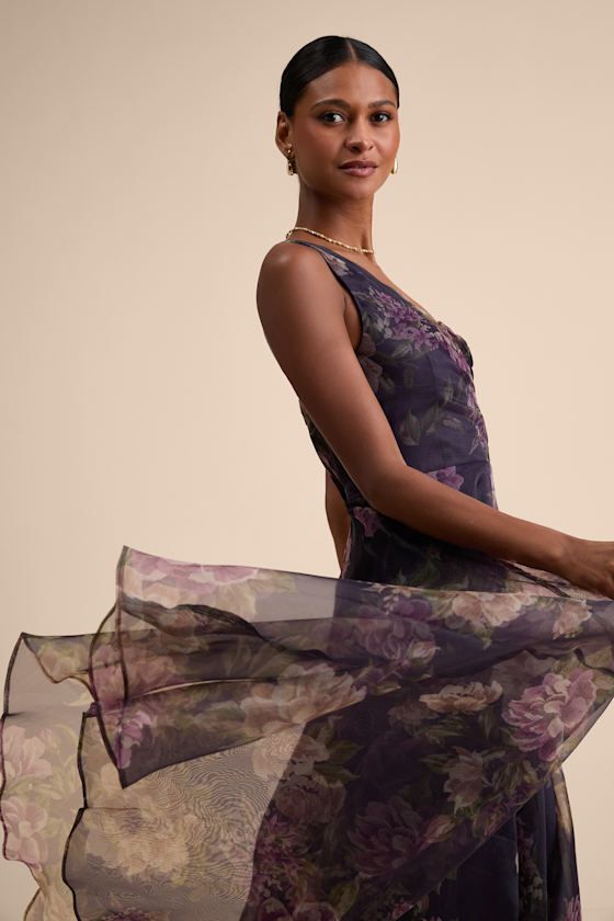 Truly Extraordinary Plum Floral Organza One-Shoulder Maxi Dress