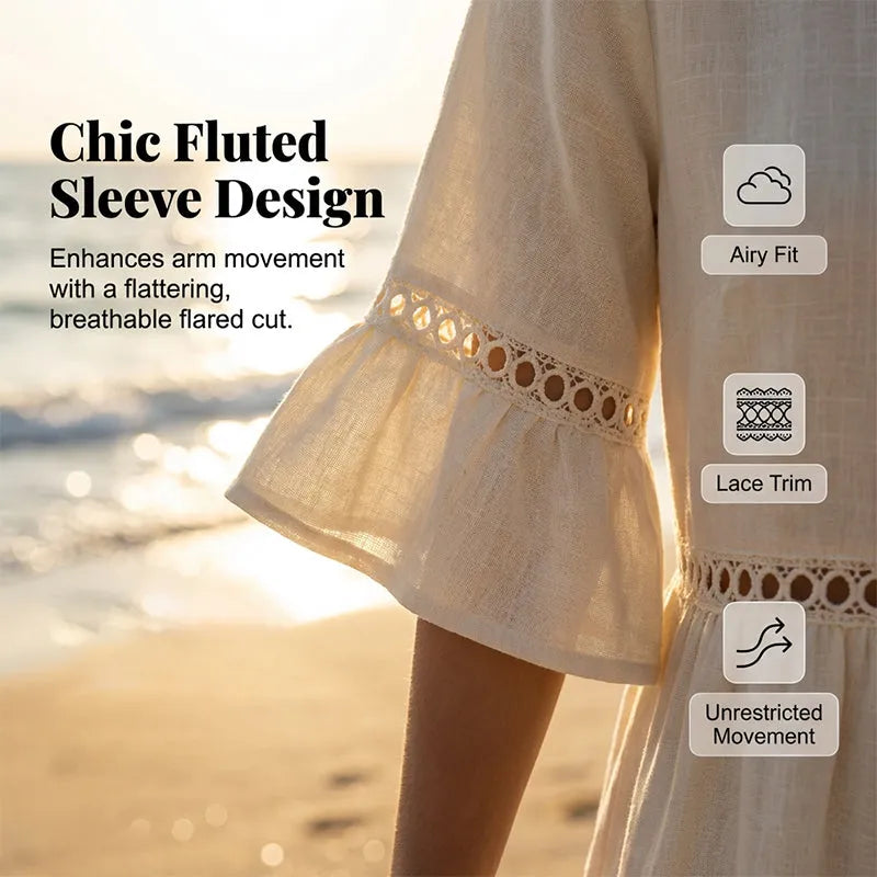 Raeven - Lightweight Midi Dress with Lace Cut-Out Details and Flutter Sleeves