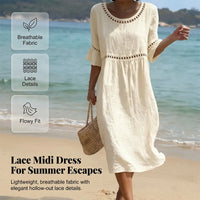 Raeven - Lightweight Midi Dress with Lace Cut-Out Details and Flutter Sleeves