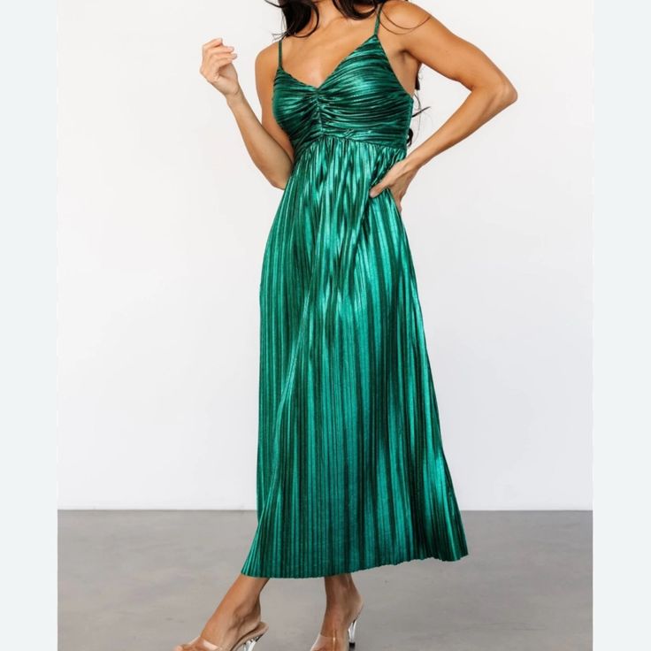 Thirty Dress Green Pleated Maxi Sundress For Wedding Guest Color: