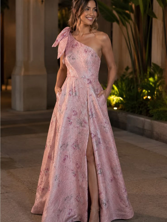 Zazie Dress A14 Pink One Shoulder Bow Floral Jacquard Formal Maxi Gown