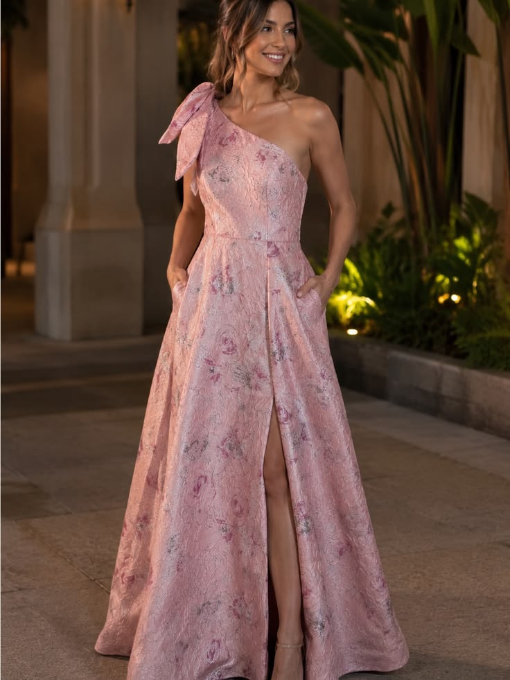 Zazie Dress A14 Pink One Shoulder Bow Floral Jacquard Formal Maxi Gown