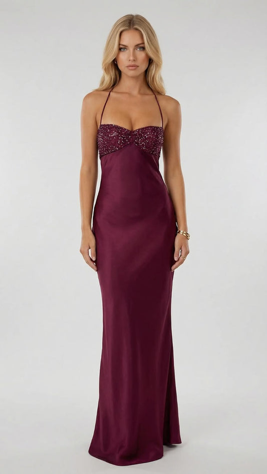 Jade Sequin Maxi Dress - Burgundy, XL