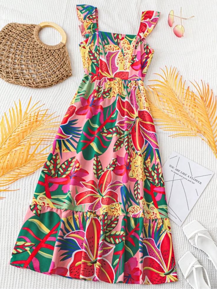 Dress Pink Green Floral Dress Color: Green Pink Size: M