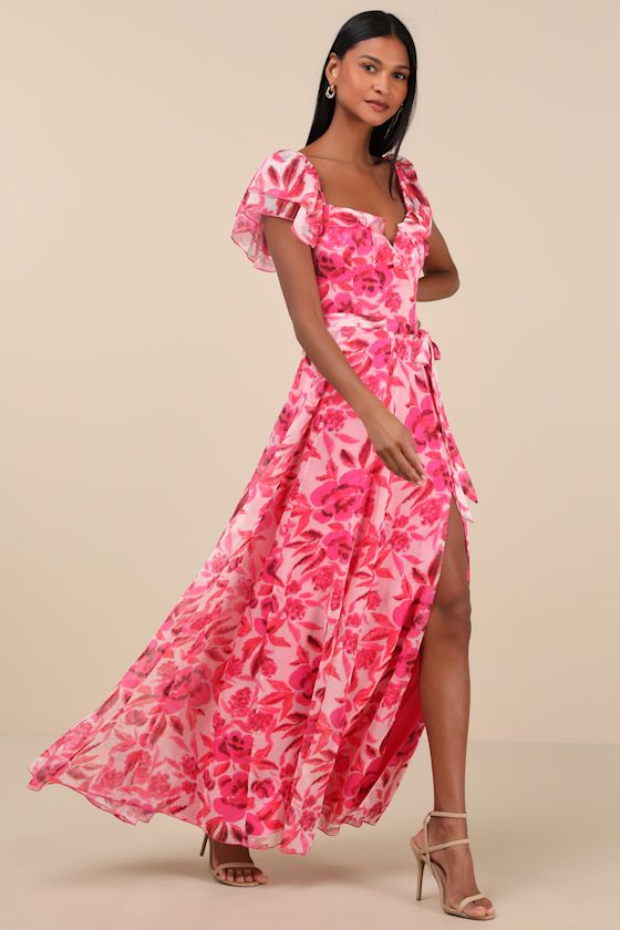 Sensationally Sweeter Bright Pink Floral Ruffled Maxi Dress