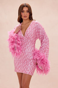 Women's Opal Dreams Feathered Sequin Mini Dress In Pink Size Medium