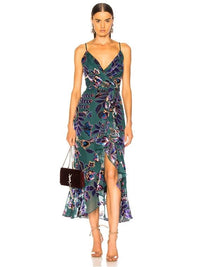 Patbo Dress Patbo Green Floral Velvet High Low Wrap Dress With Ruffle